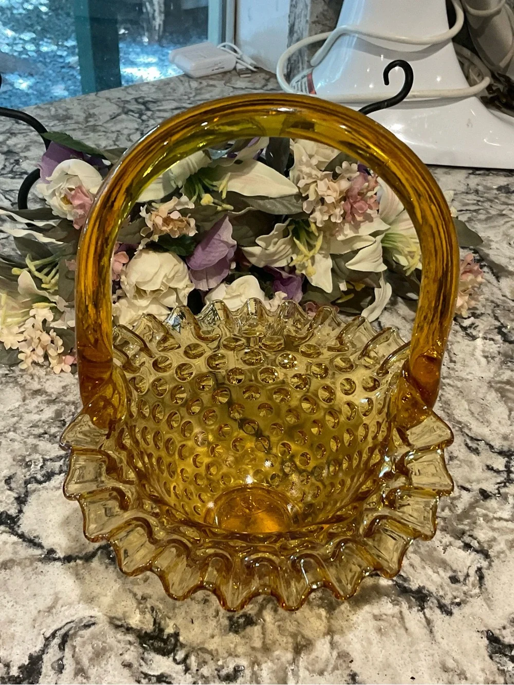 BP-Fenton Amber Hobnail Glass Basket with Ruffled Edge 8 IN.
